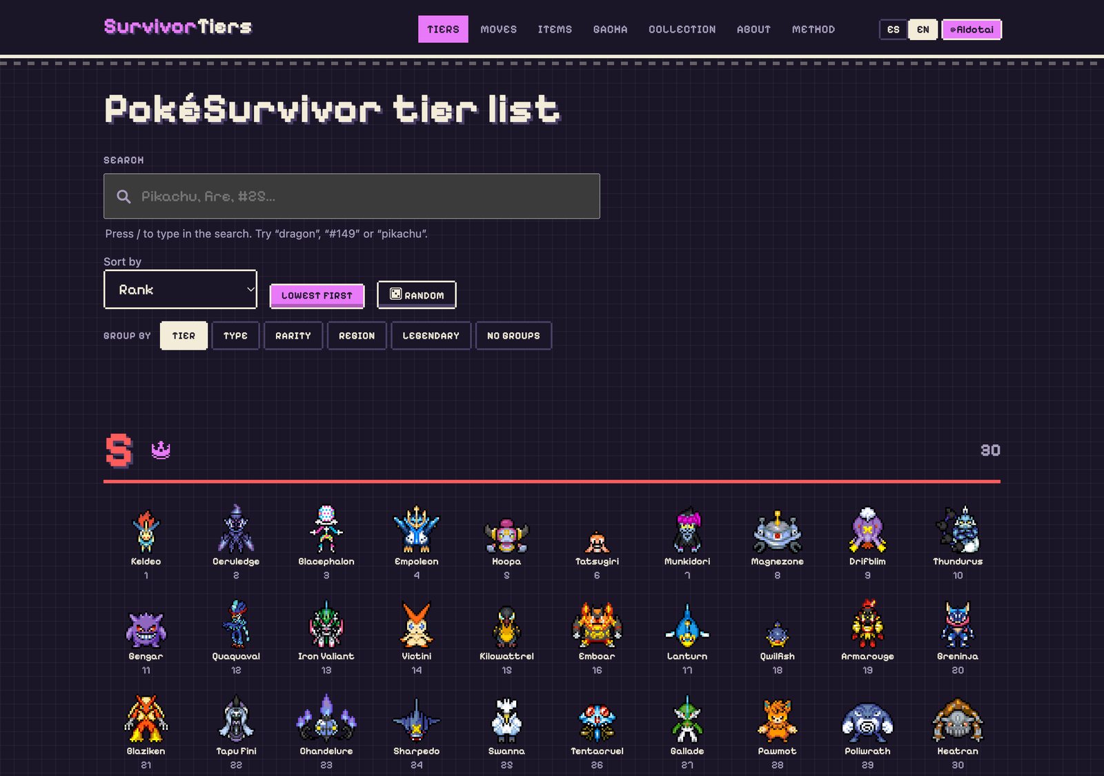 The SurvivorTiers tier list, with the 30 Pokémon of tier S