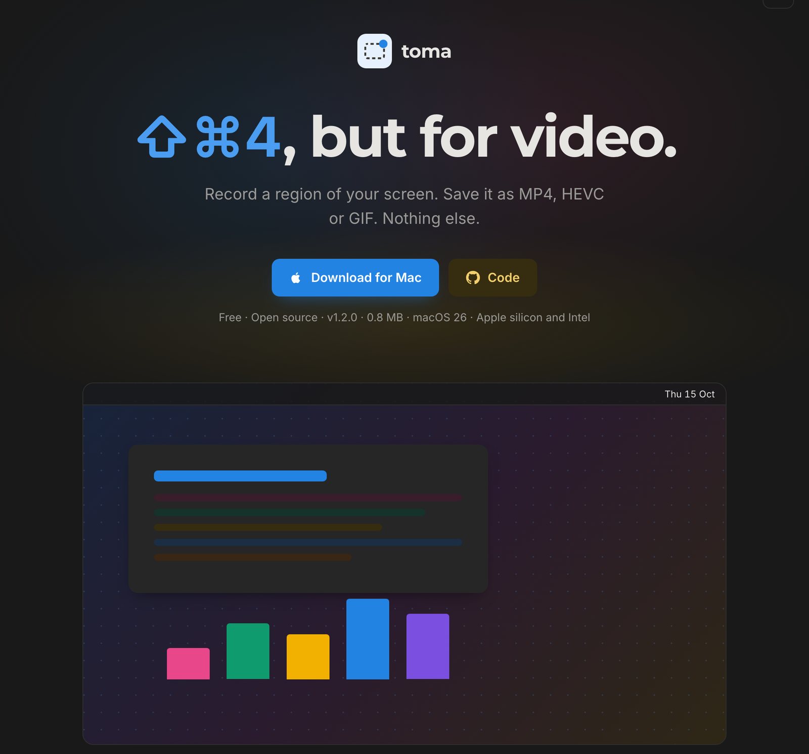 Toma website: "⇧⌘4, but for video", with download and source buttons